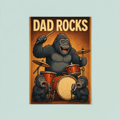 Quote 'dad rocks' Gorilla on drums with baby gorillas as backup singers Funny father's day Poster poster 8