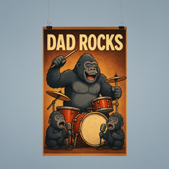 Quote 'dad rocks' Gorilla on drums with baby gorillas as backup singers Funny father's day Poster poster 9