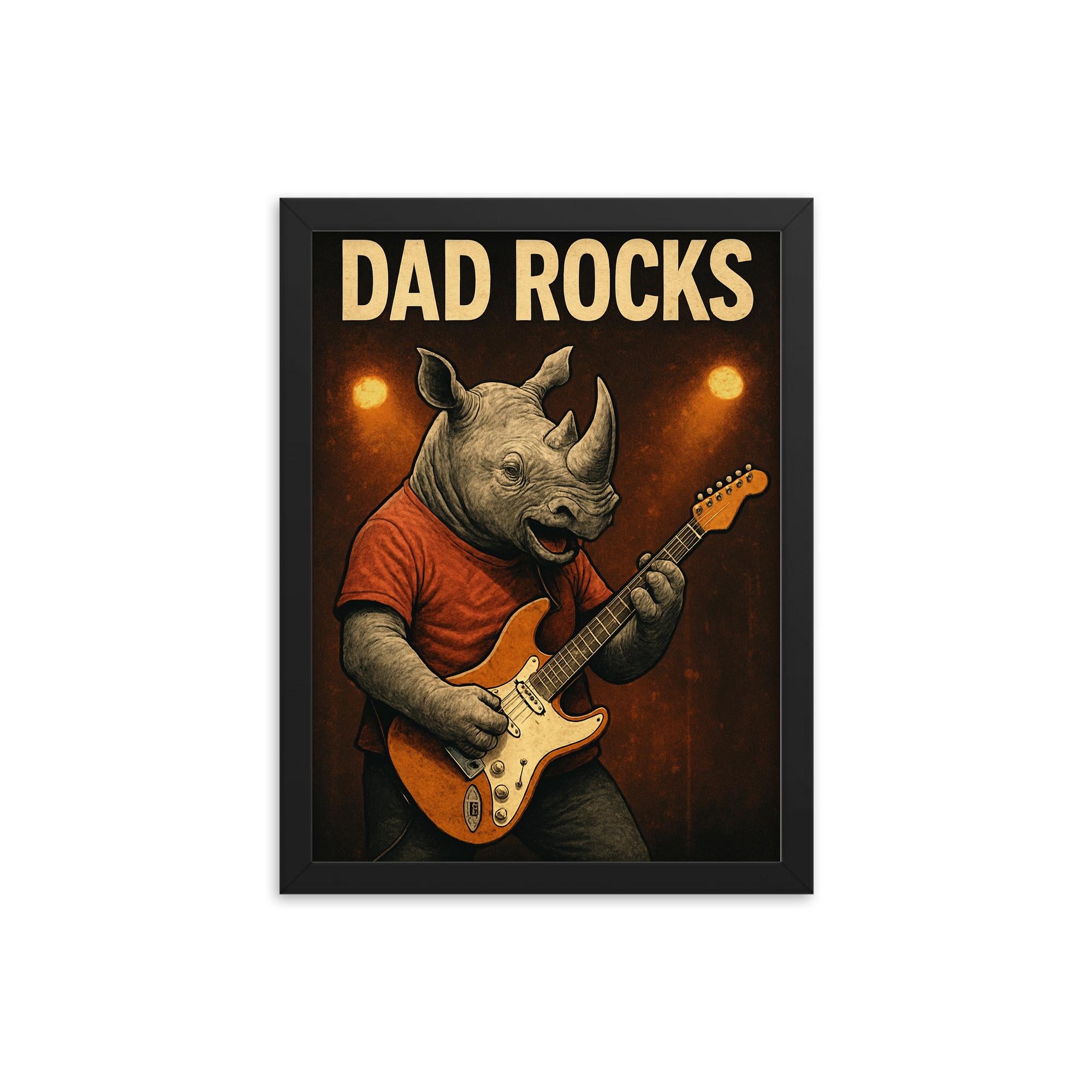 Quote 'dad rocks' Rhino playing electric guitar on stage Funny father's day Poster framed print on a plain backdrop in size 12"x16".