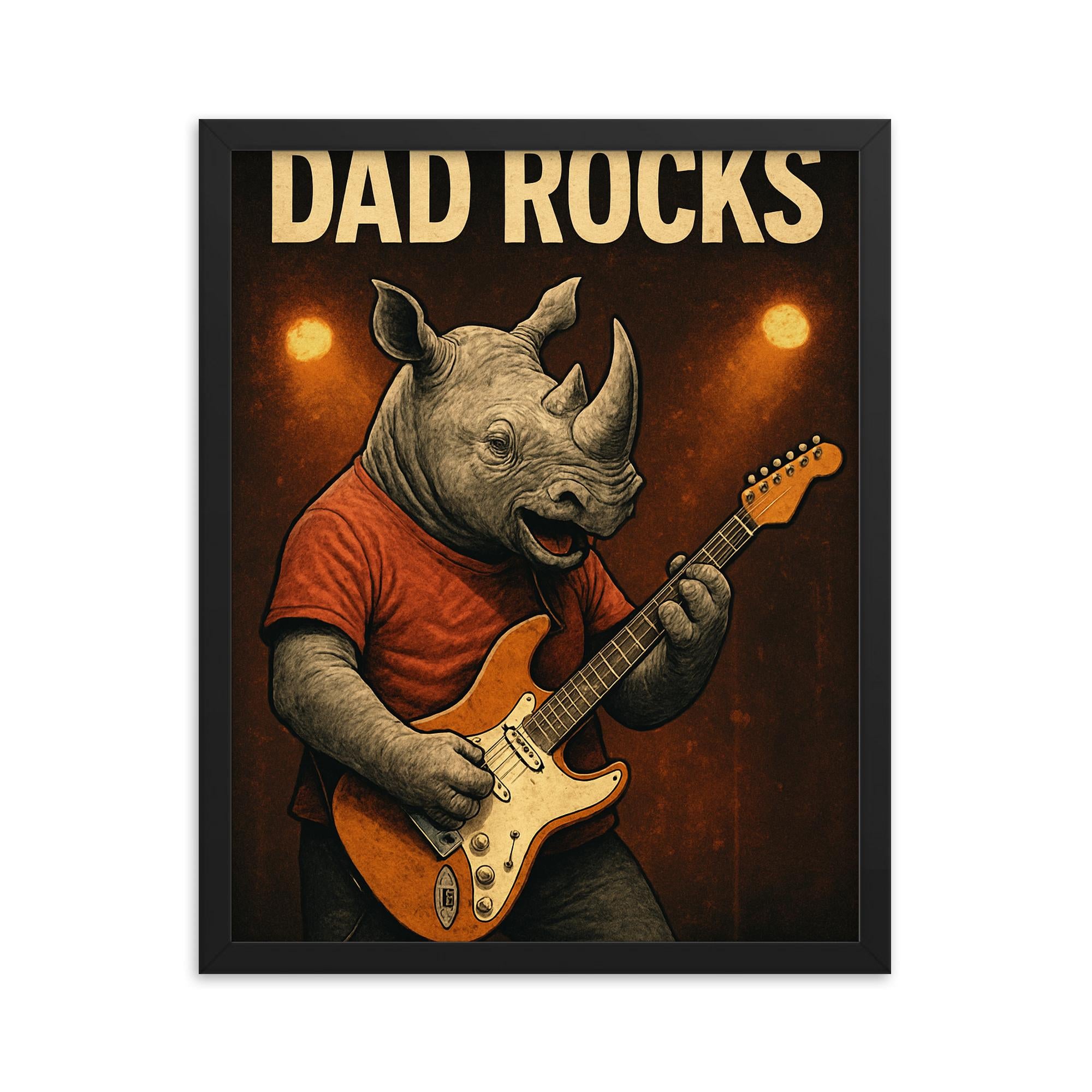 Quote 'dad rocks' Rhino playing electric guitar on stage Funny father's day Poster framed print on a plain backdrop in size 16"x20".