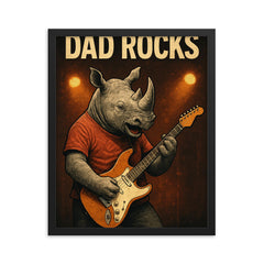 Quote 'dad rocks' Rhino playing electric guitar on stage Funny father's day Poster framed print on a plain backdrop in size 16"x20".