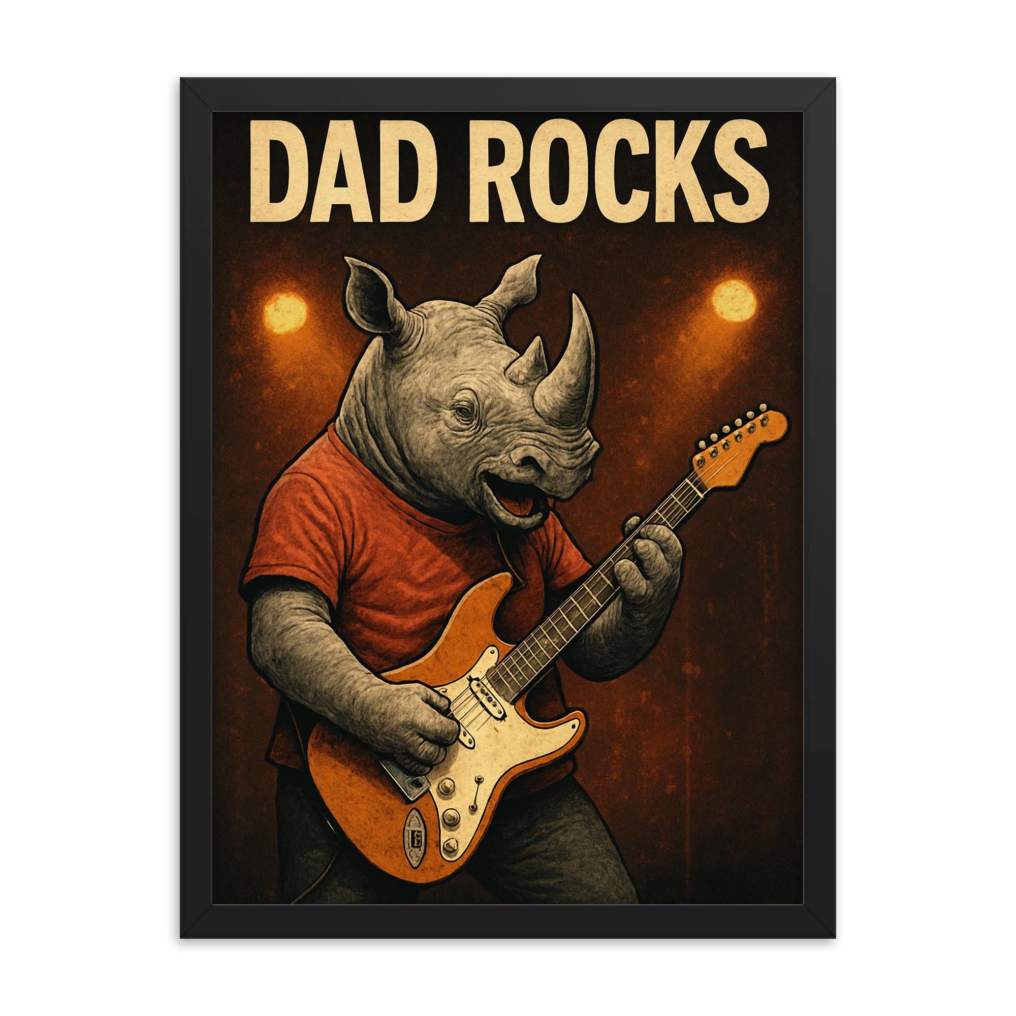 Quote 'dad rocks' Rhino playing electric guitar on stage Funny father's day Poster framed print on a plain backdrop in size 18"x24".