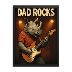 Quote 'dad rocks' Rhino playing electric guitar on stage Funny father's day Poster framed print on a plain backdrop in size 18"x24".
