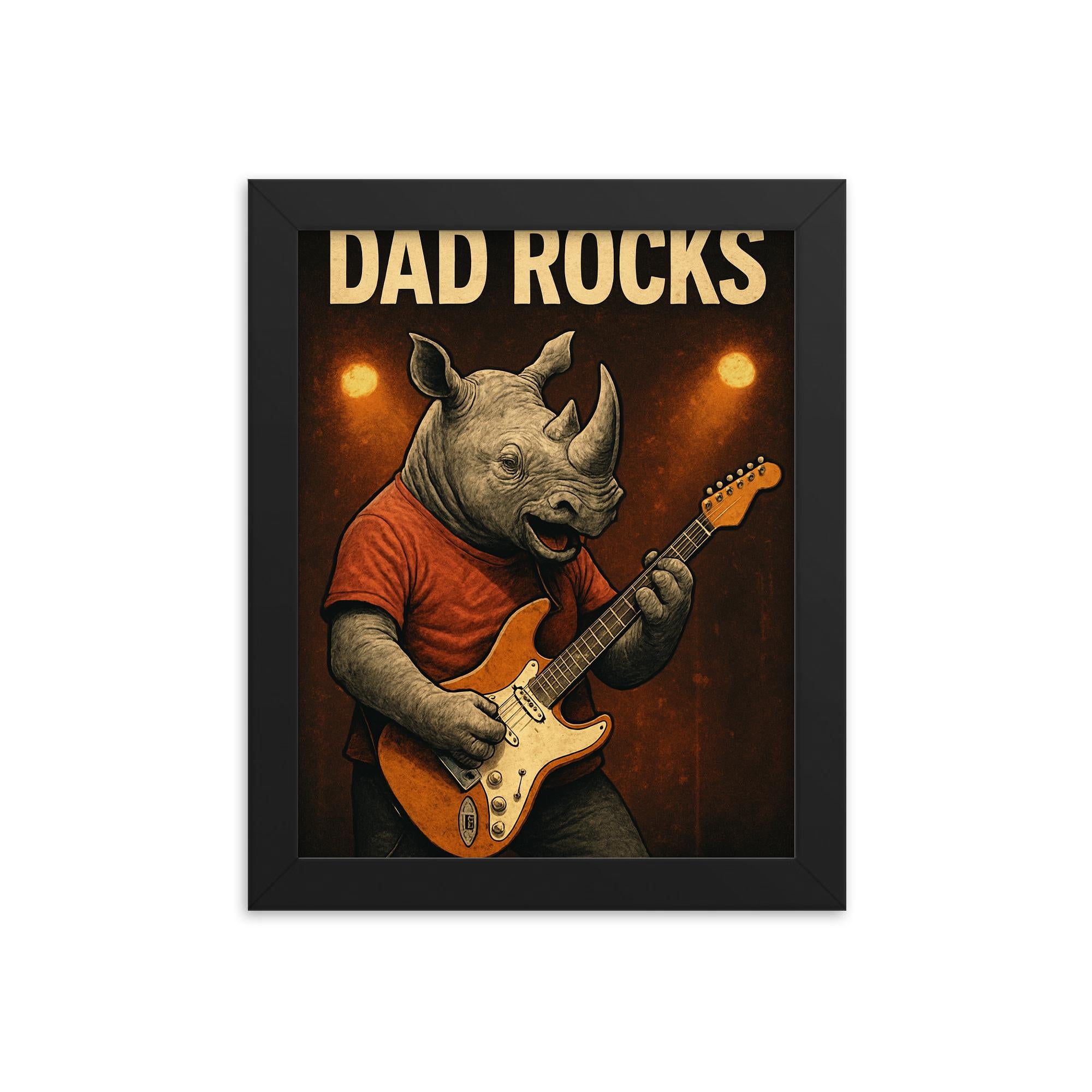 Quote 'dad rocks' Rhino playing electric guitar on stage Funny father's day Poster framed print on a plain backdrop in size 8"x10".