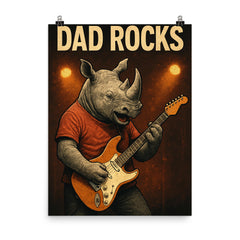 Quote 'dad rocks' Rhino playing electric guitar on stage Funny father's day Poster poster on a plain backdrop in size 8"x10".