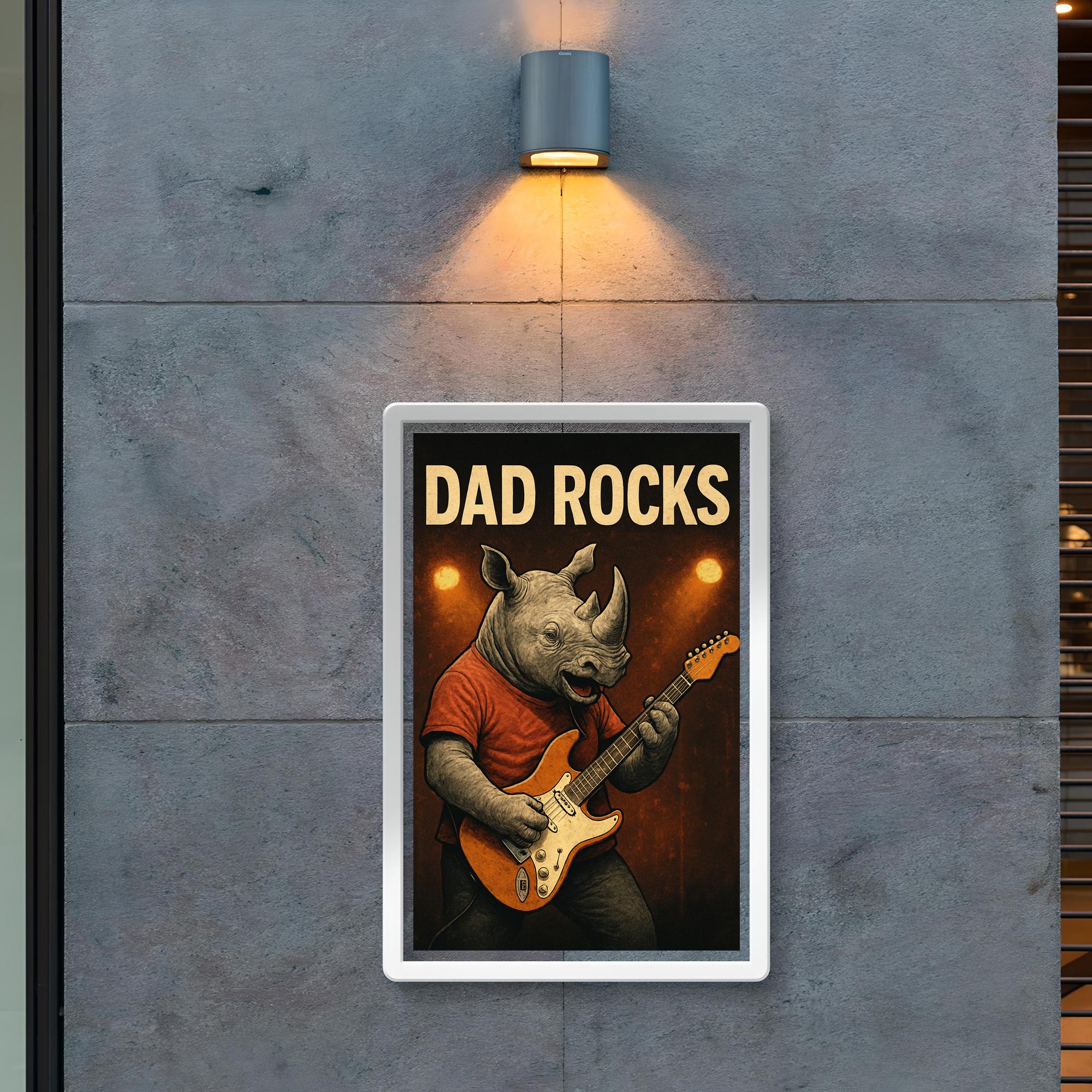 Quote 'dad rocks' Rhino playing electric guitar on stage Funny father's day Poster poster 2