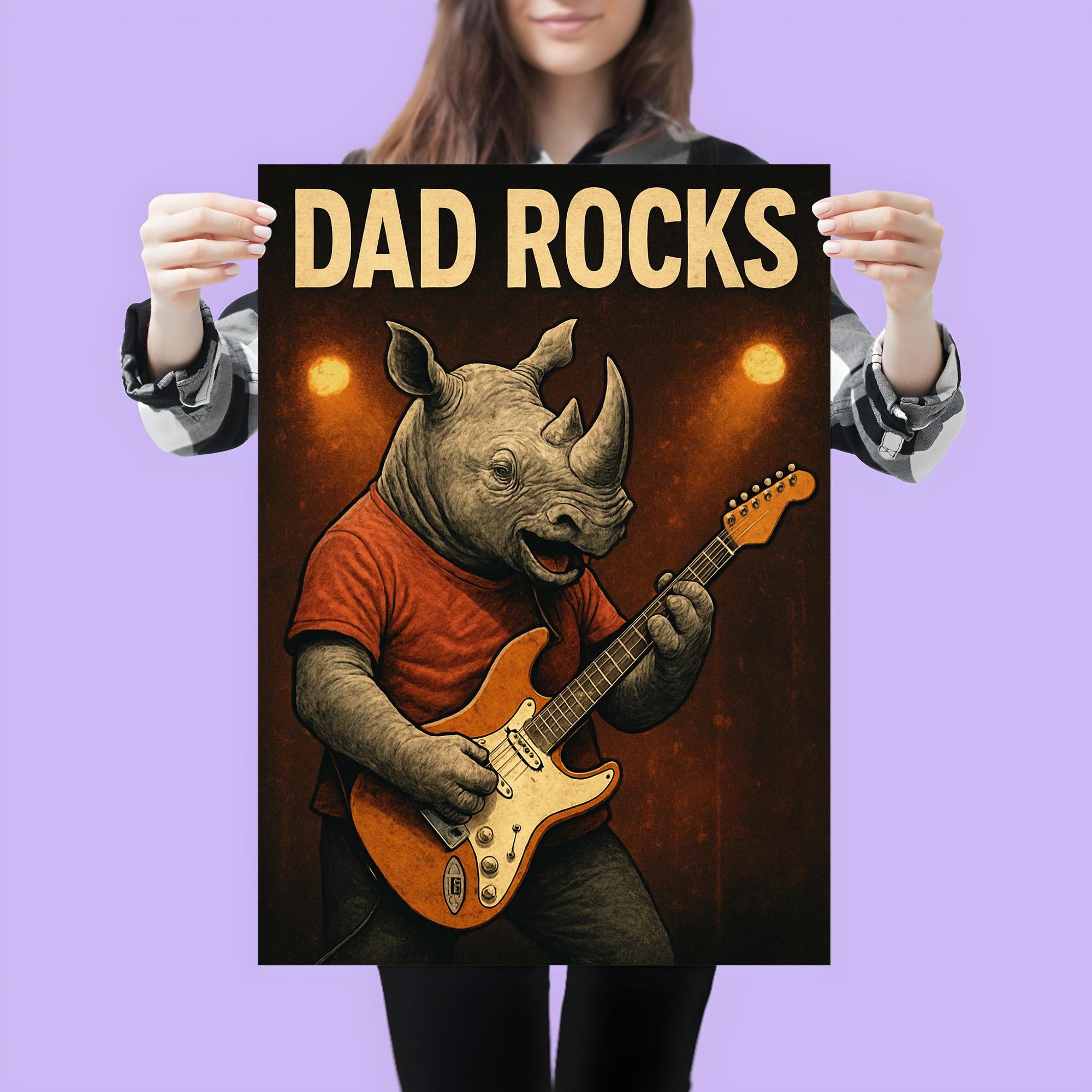Quote 'dad rocks' Rhino playing electric guitar on stage Funny father's day Poster poster 3