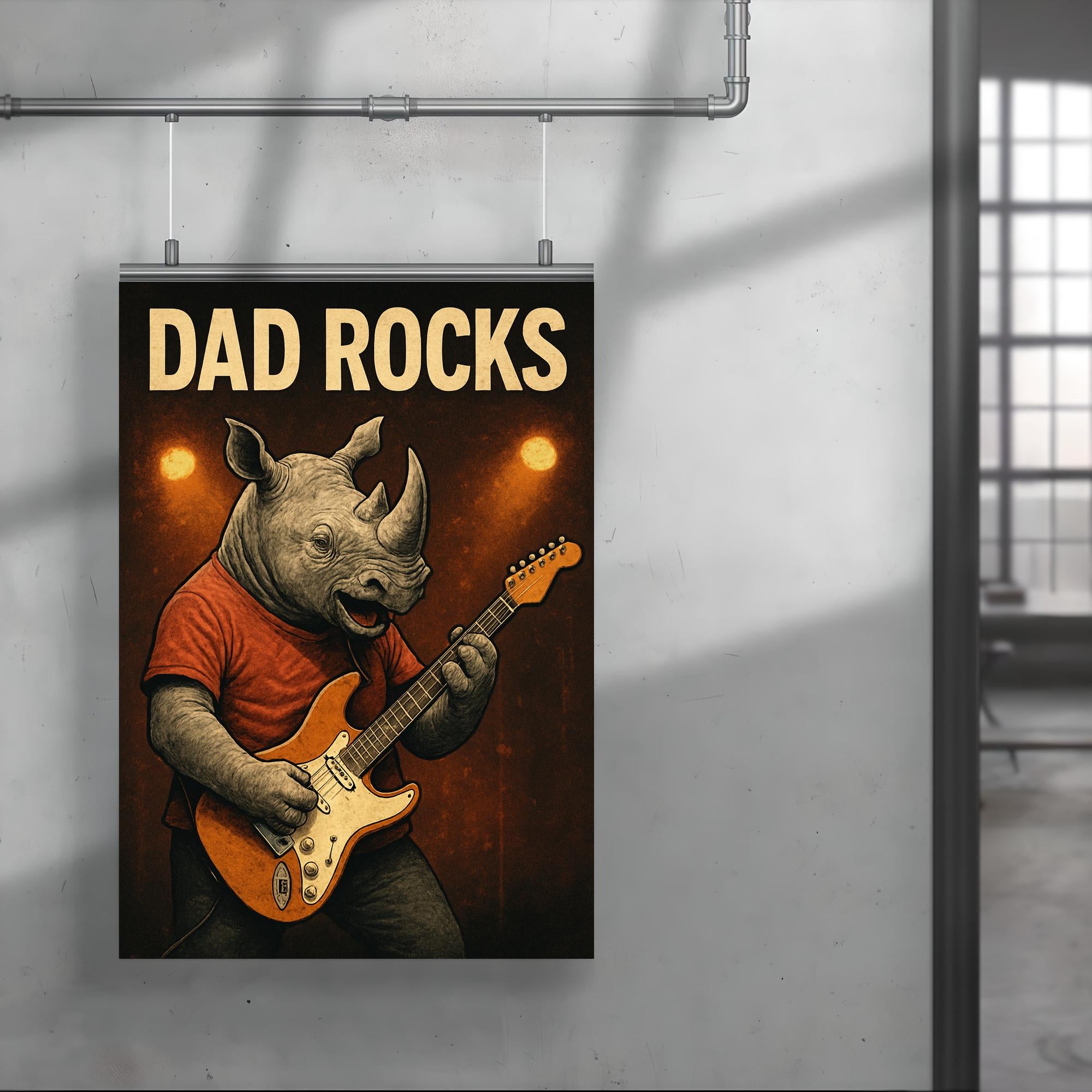 Quote 'dad rocks' Rhino playing electric guitar on stage Funny father's day Poster poster 4