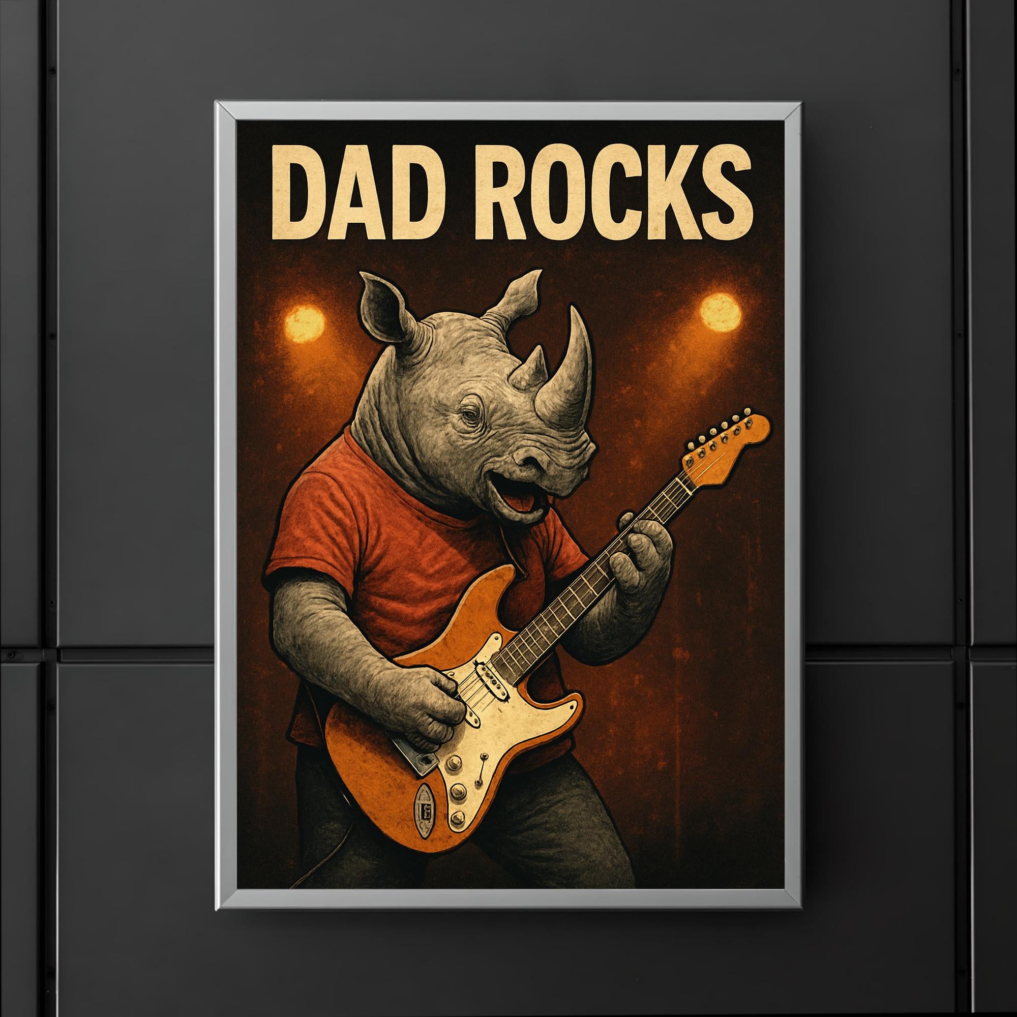 Quote 'dad rocks' Rhino playing electric guitar on stage Funny father's day Poster poster 5