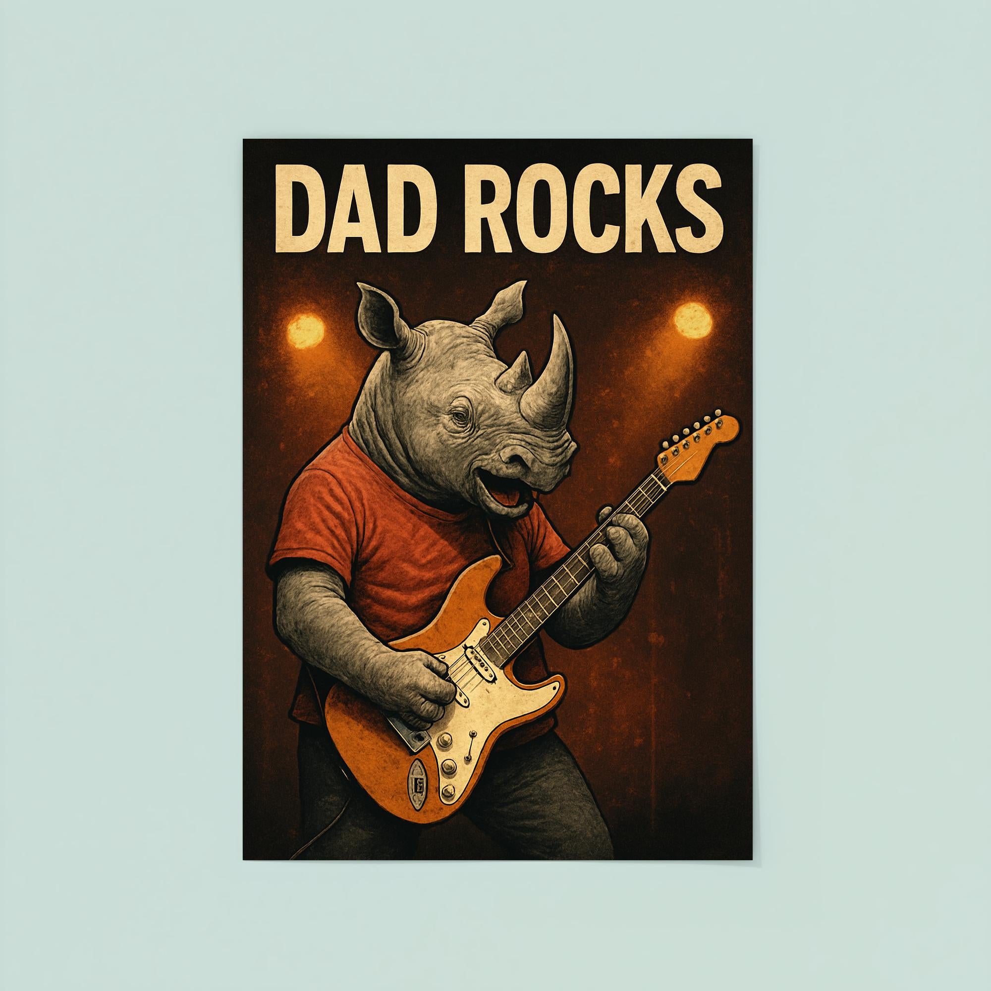 Quote 'dad rocks' Rhino playing electric guitar on stage Funny father's day Poster poster 8