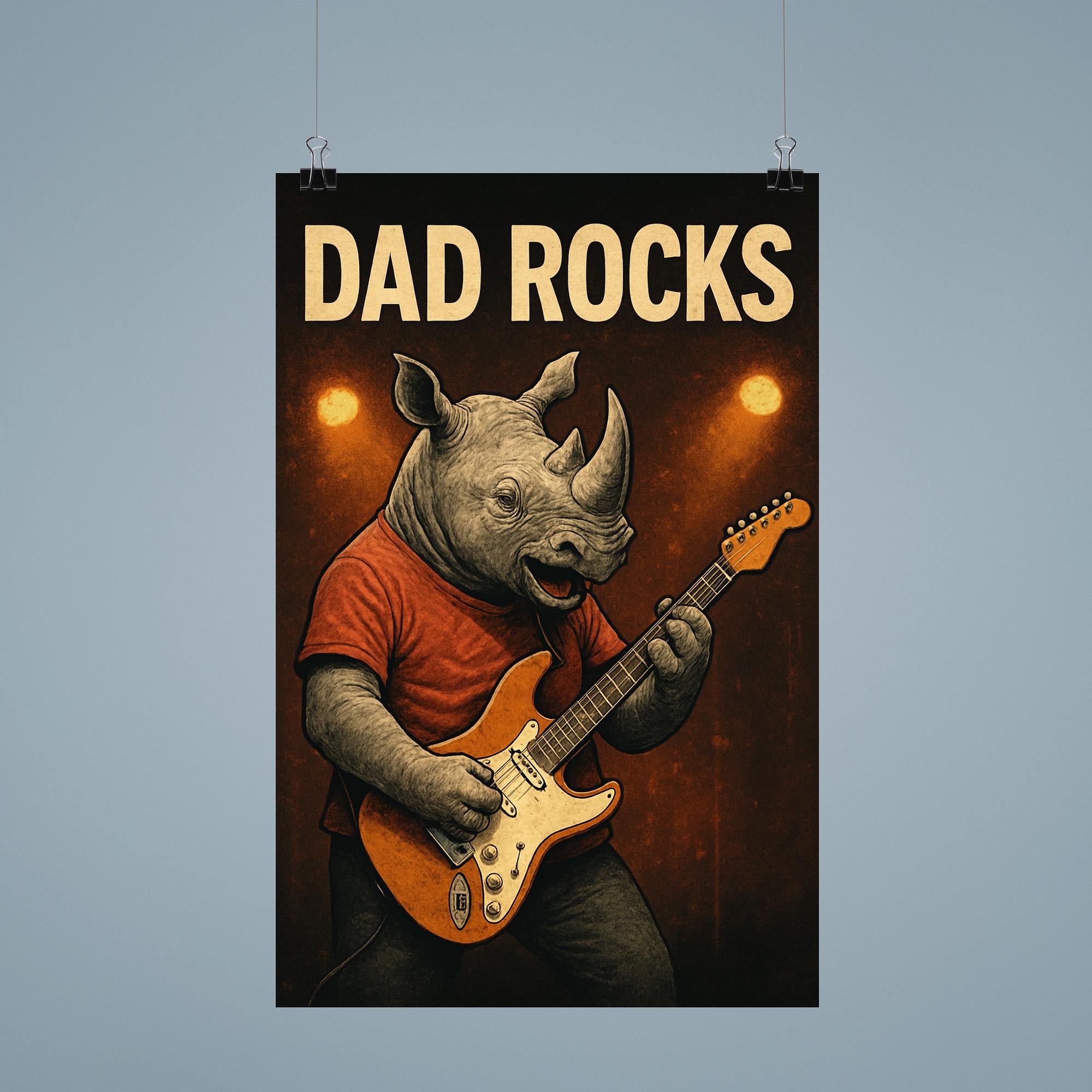 Quote 'dad rocks' Rhino playing electric guitar on stage Funny father's day Poster poster 9