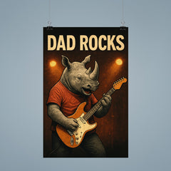 Quote 'dad rocks' Rhino playing electric guitar on stage Funny father's day Poster poster 9