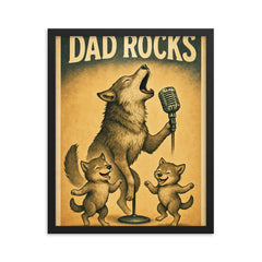 Quote 'dad rocks' Wolf howling into a microphone while pups dance Funny father's day Poster framed print on a plain backdrop in size 16"x20".
