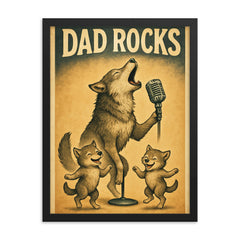 Quote 'dad rocks' Wolf howling into a microphone while pups dance Funny father's day Poster framed print on a plain backdrop in size 18"x24".