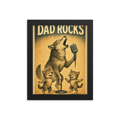 Quote 'dad rocks' Wolf howling into a microphone while pups dance Funny father's day Poster framed print on a plain backdrop in size 8"x10".