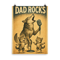 Quote 'dad rocks' Wolf howling into a microphone while pups dance Funny father's day Poster poster on a plain backdrop in size 8"x10".