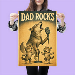 Quote 'dad rocks' Wolf howling into a microphone while pups dance Funny father's day Poster poster 3