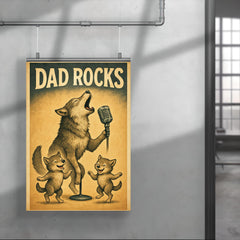 Quote 'dad rocks' Wolf howling into a microphone while pups dance Funny father's day Poster poster 4