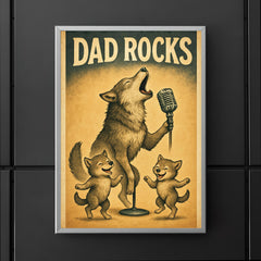 Quote 'dad rocks' Wolf howling into a microphone while pups dance Funny father's day Poster poster 5
