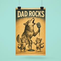 Quote 'dad rocks' Wolf howling into a microphone while pups dance Funny father's day Poster poster 6
