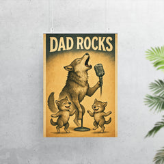 Quote 'dad rocks' Wolf howling into a microphone while pups dance Funny father's day Poster poster 7