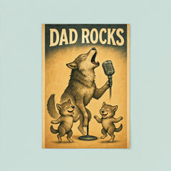 Quote 'dad rocks' Wolf howling into a microphone while pups dance Funny father's day Poster poster 8