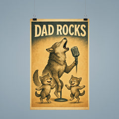 Quote 'dad rocks' Wolf howling into a microphone while pups dance Funny father's day Poster poster 9