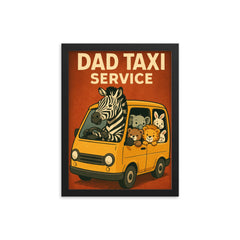 Quote 'dad taxi service' Zebra driving a minivan full of various baby animals Funny father's day Poster framed print on a plain backdrop in size 12"x16".