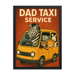 Quote 'dad taxi service' Zebra driving a minivan full of various baby animals Funny father's day Poster framed print on a plain backdrop in size 18"x24".
