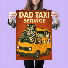 Quote 'dad taxi service' Zebra driving a minivan full of various baby animals Funny father's day Poster poster 3