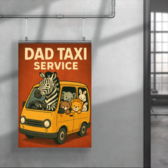 Quote 'dad taxi service' Zebra driving a minivan full of various baby animals Funny father's day Poster poster 4