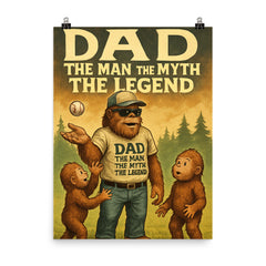 Quote 'dad the man the myth the legend' Sasquatch in dad outfit teaching young sasquatches to play catch Funny father's day Poster poster on a plain backdrop in size 8"x10".