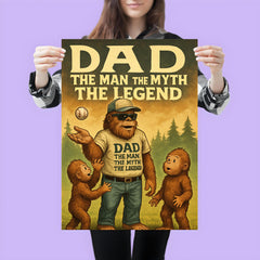 Quote 'dad the man the myth the legend' Sasquatch in dad outfit teaching young sasquatches to play catch Funny father's day Poster poster 3