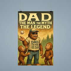Quote 'dad the man the myth the legend' Sasquatch in dad outfit teaching young sasquatches to play catch Funny father's day Poster poster 9