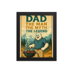 Quote 'dad the man the myth the legend' Yeti in polo shirt and khakis barbecuing in the mountains Funny father's day Poster framed print on a plain backdrop in size 8"x10".