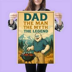 Quote 'dad the man the myth the legend' Yeti in polo shirt and khakis barbecuing in the mountains Funny father's day Poster poster 3