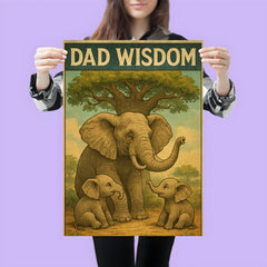 Quote 'dad wisdom' Elderly elephant sharing wisdom with baby elephants under baobab tree Funny father's day Poster poster 3