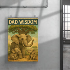 Quote 'dad wisdom' Elderly elephant sharing wisdom with baby elephants under baobab tree Funny father's day Poster poster 4