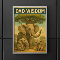 Quote 'dad wisdom' Elderly elephant sharing wisdom with baby elephants under baobab tree Funny father's day Poster poster 5
