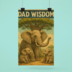 Quote 'dad wisdom' Elderly elephant sharing wisdom with baby elephants under baobab tree Funny father's day Poster poster 6