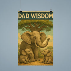 Quote 'dad wisdom' Elderly elephant sharing wisdom with baby elephants under baobab tree Funny father's day Poster poster 9