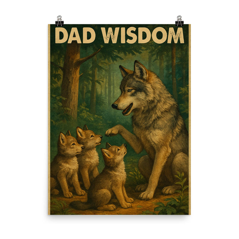 Quote 'dad wisdom' Gray wolf teaching young wolves about the forest Funny father's day Poster poster on a plain backdrop in size 8