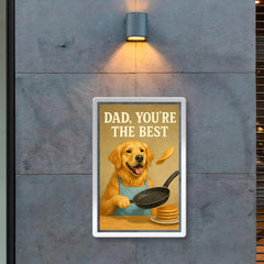 Quote 'dad you're the best' Golden retriever wearing an apron while flipping pancakes Funny father's day Poster poster 2