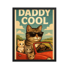 Quote 'daddy cool' Cat in sunglasses driving a convertible with kittens Funny father's day Poster framed print on a plain backdrop in size 16"x20".