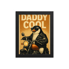 Quote 'daddy cool' Penguin in leather jacket riding a motorcycle Funny father's day Poster framed print on a plain backdrop in size 8"x10".