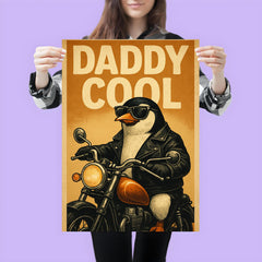 Quote 'daddy cool' Penguin in leather jacket riding a motorcycle Funny father's day Poster poster 3