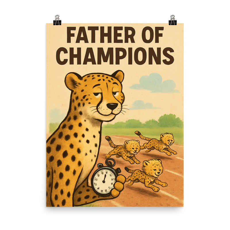 Quote 'father of champions' Cheetah with a stopwatch timing baby cheetahs in a race Funny father's day Poster poster on a plain backdrop in size 8