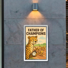 Quote 'father of champions' Cheetah with a stopwatch timing baby cheetahs in a race Funny father's day Poster poster 2