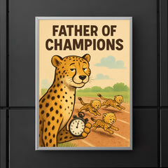 Quote 'father of champions' Cheetah with a stopwatch timing baby cheetahs in a race Funny father's day Poster poster 5