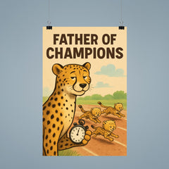 Quote 'father of champions' Cheetah with a stopwatch timing baby cheetahs in a race Funny father's day Poster poster 9